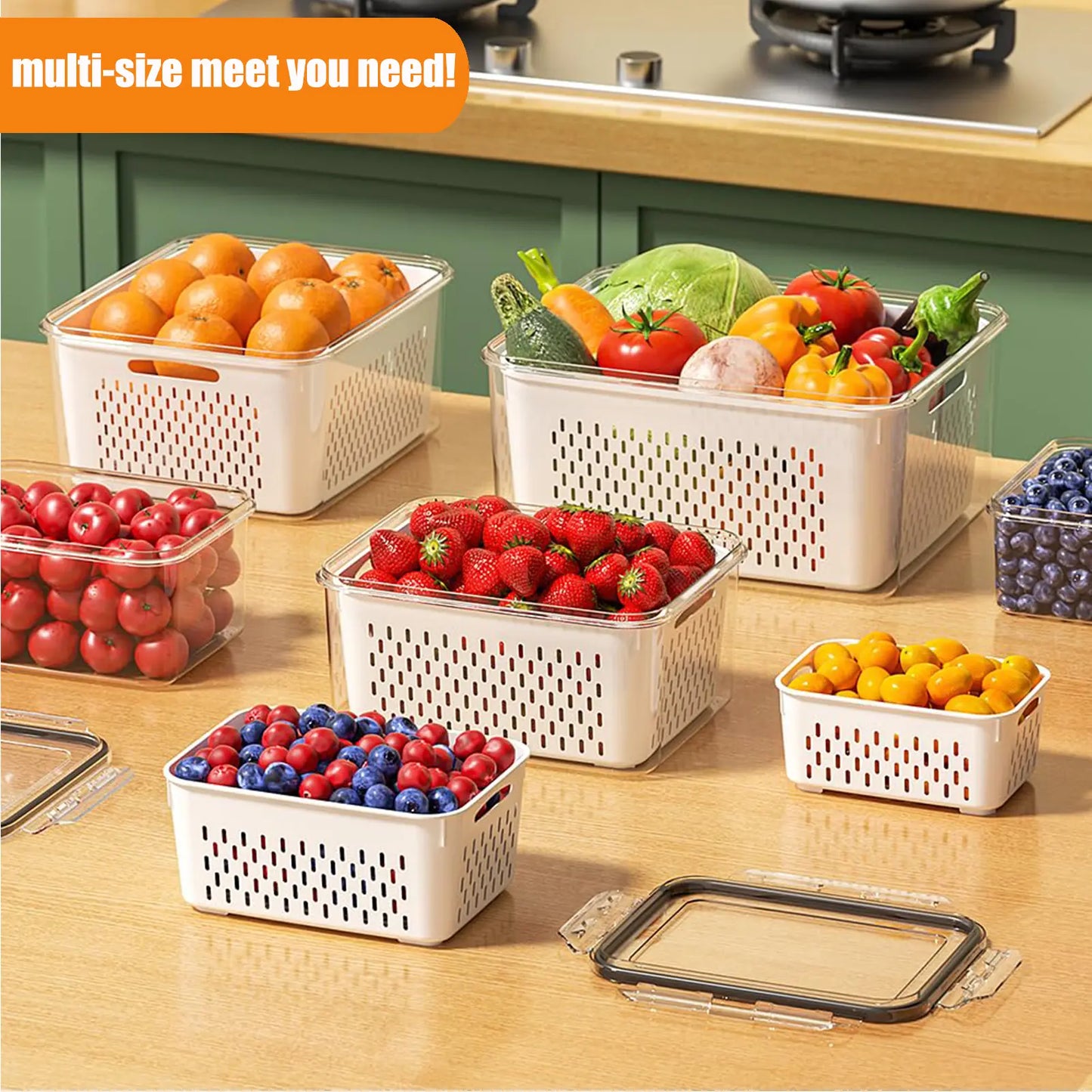 🍓 Stackable Fruit & Vegetable Storage Containers | Airtight Fridge Organizer with Removable Colander