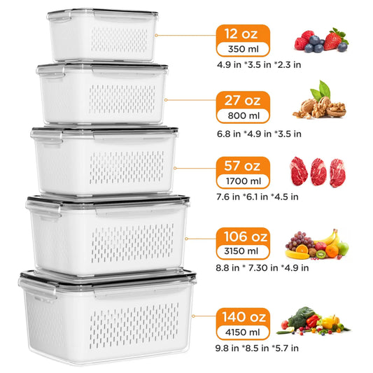 🍓 Stackable Fruit & Vegetable Storage Containers | Airtight Fridge Organizer with Removable Colander
