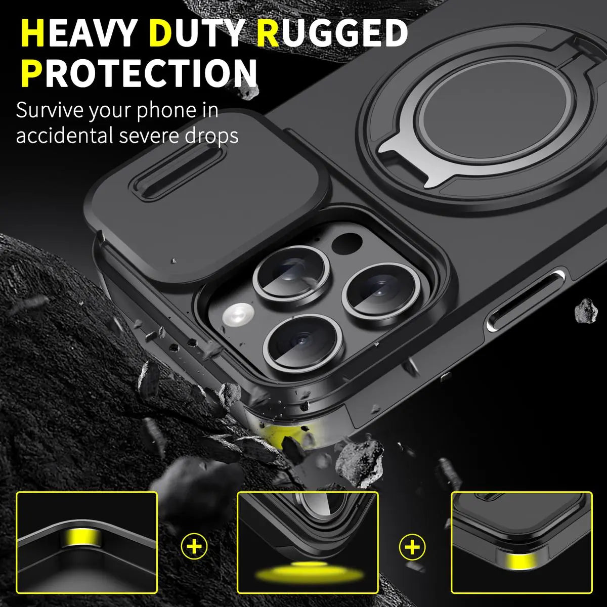 Heavy Duty Case for iPhone 17/16/15/14/13/12 Pro Max with Camera Lens Protector, 360 ° Rotating Ring Kickstand, Shockproof Rugged Military Grade Drop Protection Cover